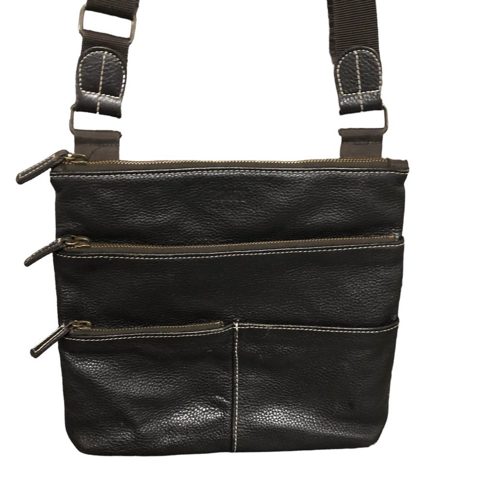 Roots Black Leather Crossbody Bag with Contrast Stitching